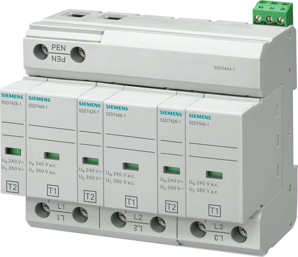 Le parafoudre de Siemens comporte quatre modules portant les inscriptions 'T1', 'T2', 'L1', 'L2', 'L3'. Convient pour 240 V (Uc).