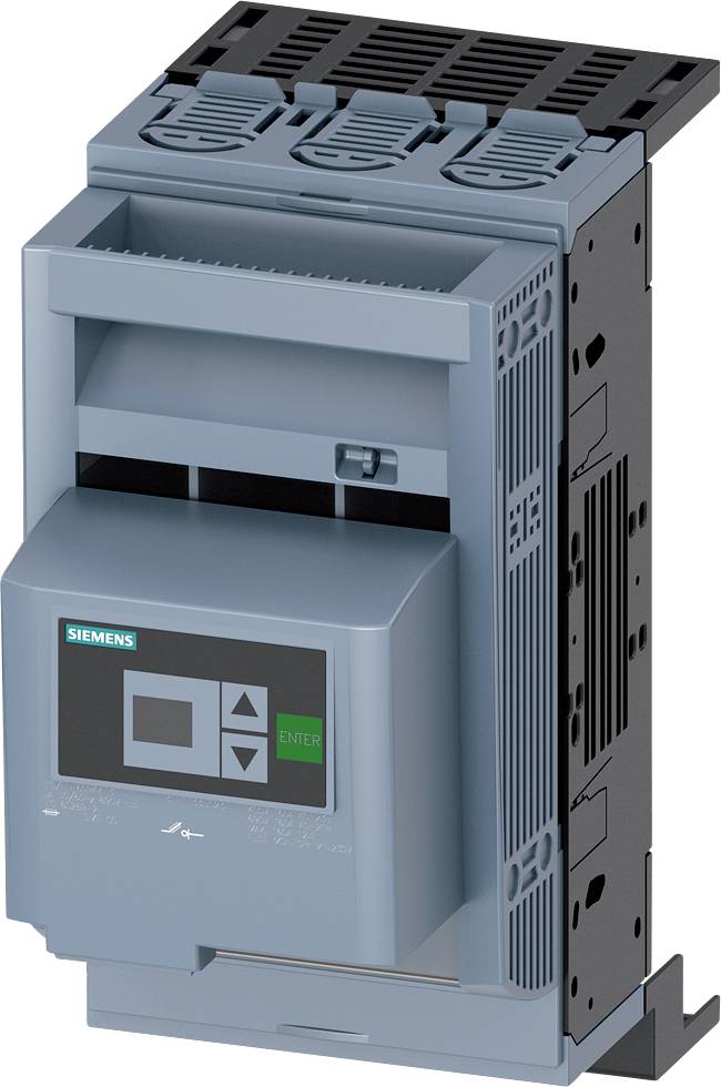 Un convertisseur de Siemens, gris, avec un panneau de commande et une touche 'Entrée' verte, présentant trois connecteurs noirs en haut.