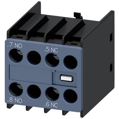 Un bloc de commutation électrique noir et bleu avec plusieurs ouvertures de connexion, marqué '.7 NO', '.5 NC', '.8 NO', '.6 NC'.