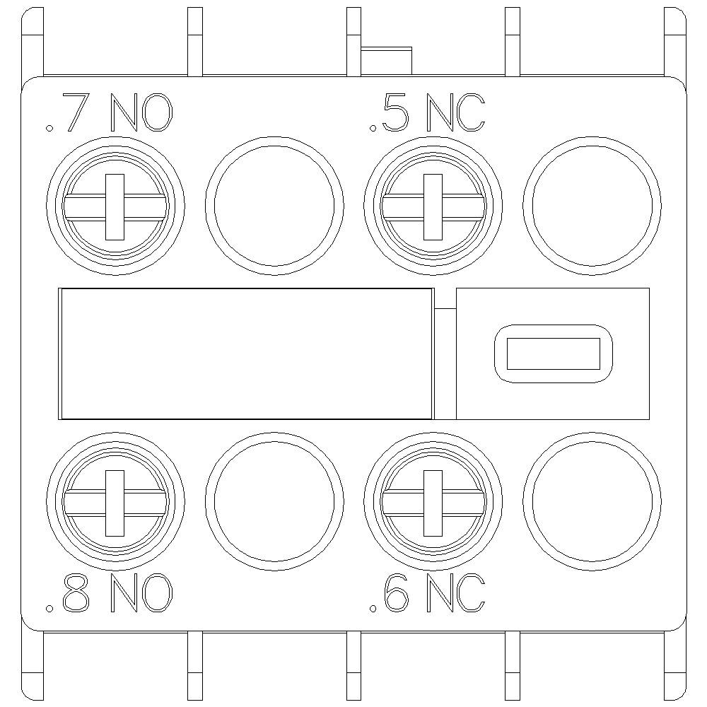 Diagramme d'une fiche électrique avec étiquetage. En haut : '.7 NO', '.5 NC'. En bas : '.8 NO', '.6 NC'. Broches de connexion visibles.