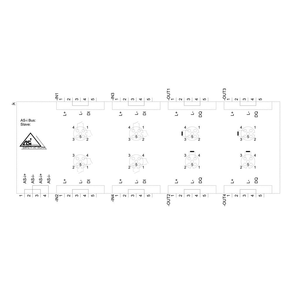 Diagramme de boîte AS-i : Esclave montrant 8 ports avec attribution des broches ; utilisé pour les réseaux industriels. Étiqueté en haut et en bas.