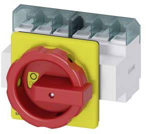 Un bouton d'arrêt d'urgence rouge sur un fond jaune, monté sur un boîtier électrique avec plusieurs bornes de connexion en haut.