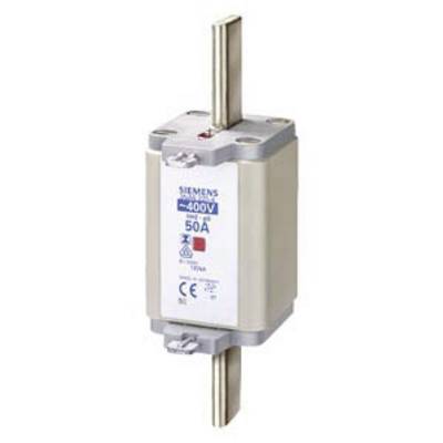 Un insert de fusible cylindrique de Siemens pour 400 V et 50 A avec deux contacts métalliques aux extrémités.