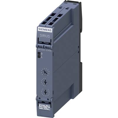 Un module de relais temporisé Siemens Sirius bleu avec trois boutons de réglage. Il est conçu pour le contrôle dans des systèmes automatisés.