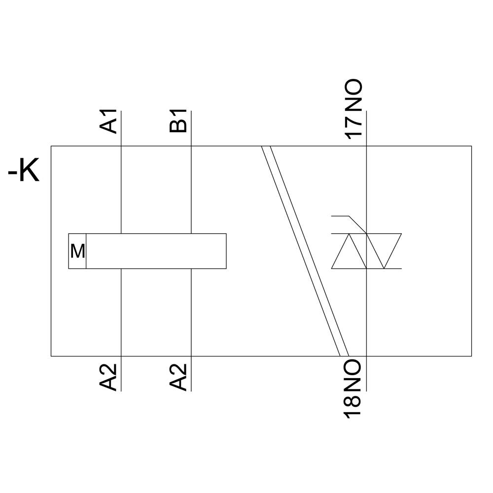 Le schéma montre un moteur (M), avec des connexions de commutation A1, A2, B1, ainsi que 17NO/18NO et un interrupteur -K. Les connexions sont représentées de manière schématique.