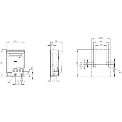 Dessin technique d'un appareil avec vue de face, latérale et de dessus. Dimensions en millimètres, par exemple hauteur 305, largeur 209,4.