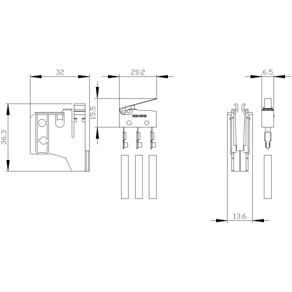 Dessin technique d'un circuit électrique avec des dimensions précises. Les composants sont visibles en vue latérale et frontale.