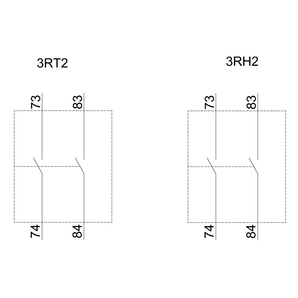 Schéma de câblage avec deux relais, 3RT2 et 3RH2, chacun avec des contacts aux bornes 73, 74, 83 et 84.