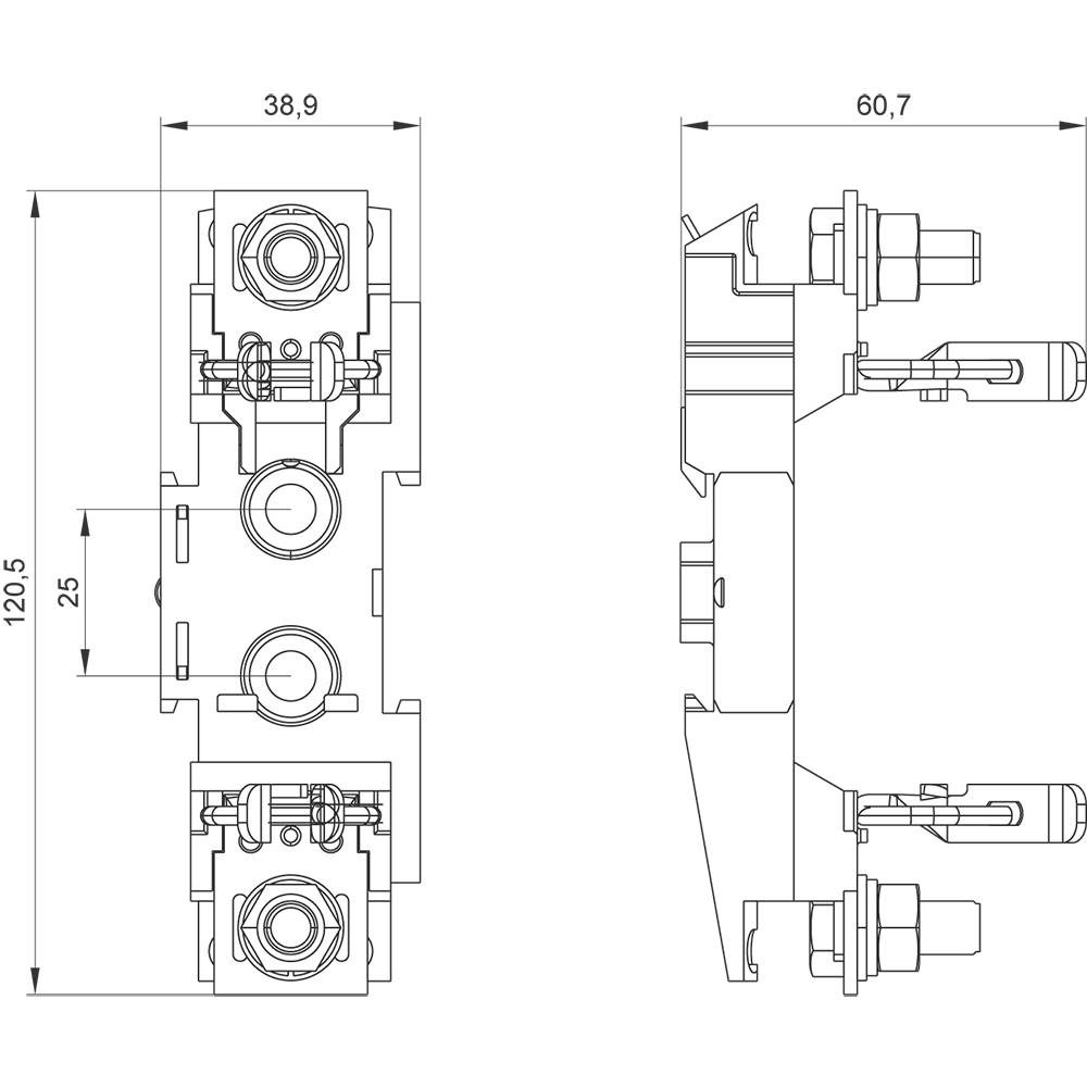 Dessin technique d'un interrupteur électrique. Présente une vue de face et une vue latérale avec les dimensions : largeur 38,9 mm, profondeur 60,7 mm, hauteur 120,5 mm.