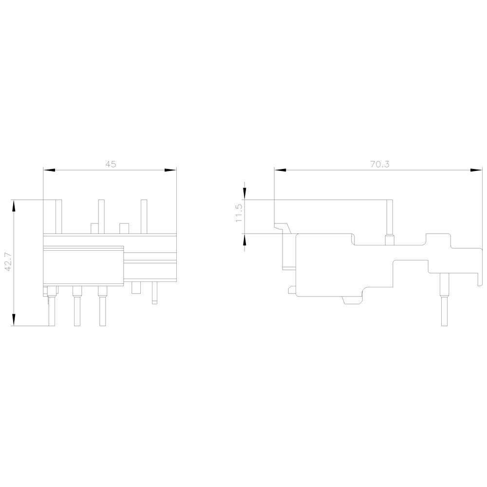Dessin technique d'un composant électrique avec dimensions : 42,7 x 45 mm à gauche, longueur de 70,3 mm, largeur de 11,5 mm à droite.