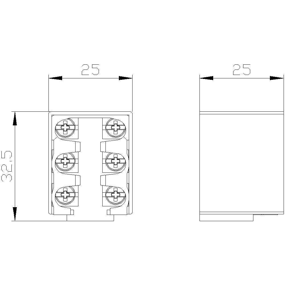 Dessin technique d'un connecteur rectangulaire à quatre pôles. Dimensions : 25 mm de largeur, 32,5 mm de hauteur. Vue de face et vue de côté.