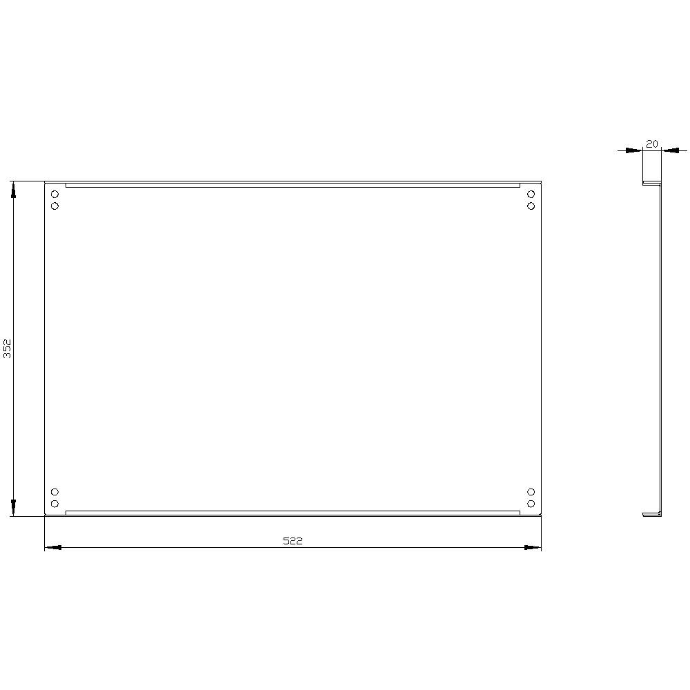 Dessin technique d'une tôle rectangulaire avec les dimensions suivantes : 522 mm de largeur, 362 mm de hauteur et 20 mm de profondeur.