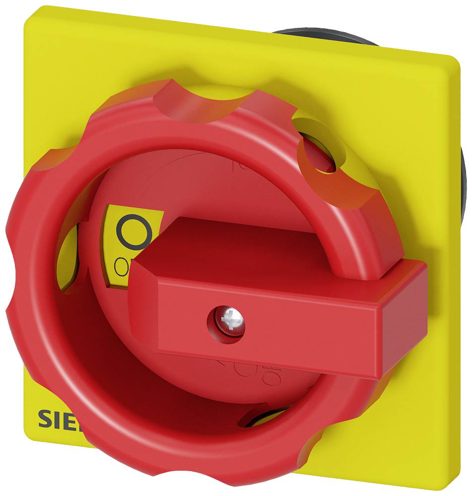 Un bouton d'arrêt d'urgence rouge sur fond jaune, avec une poignée marquante et l'inscription 'SIEGENIA', destiné à la sécurité dans les environnements de machines.