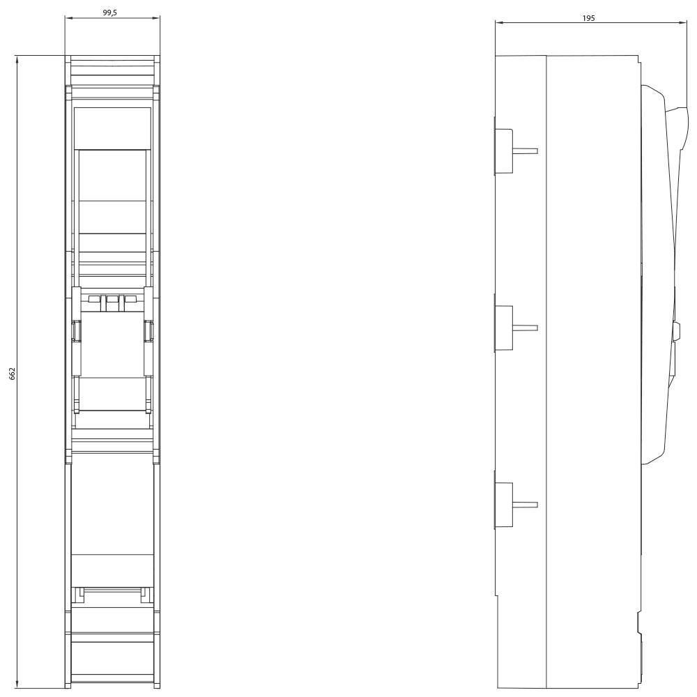 Dessin technique d'un interrupteur électrique montrant les vues de face et de côté avec les dimensions : hauteur 195 mm, largeur 99,5 mm.