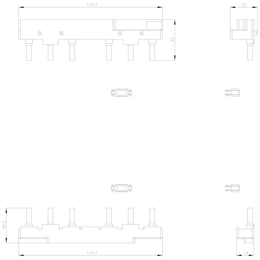 Dessin technique d'un composant avec dimensions : 116,3 largeur, 35 hauteur, 22 profondeur, 14 épaisseur de base. Plusieurs broches sur la face inférieure.
