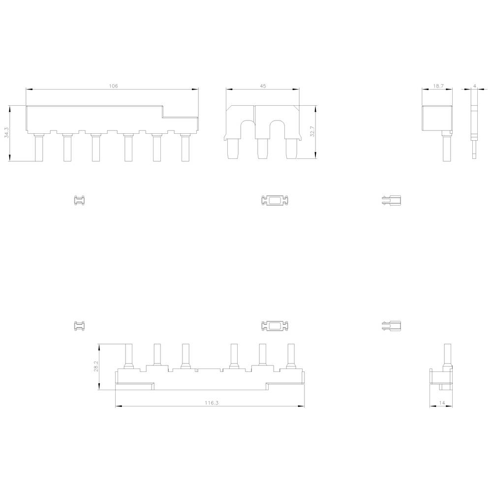 Dessin technique d'un composant électronique avec différentes vues et dimensions. Comprend une vue de face, une vue latérale et une vue de dessus.