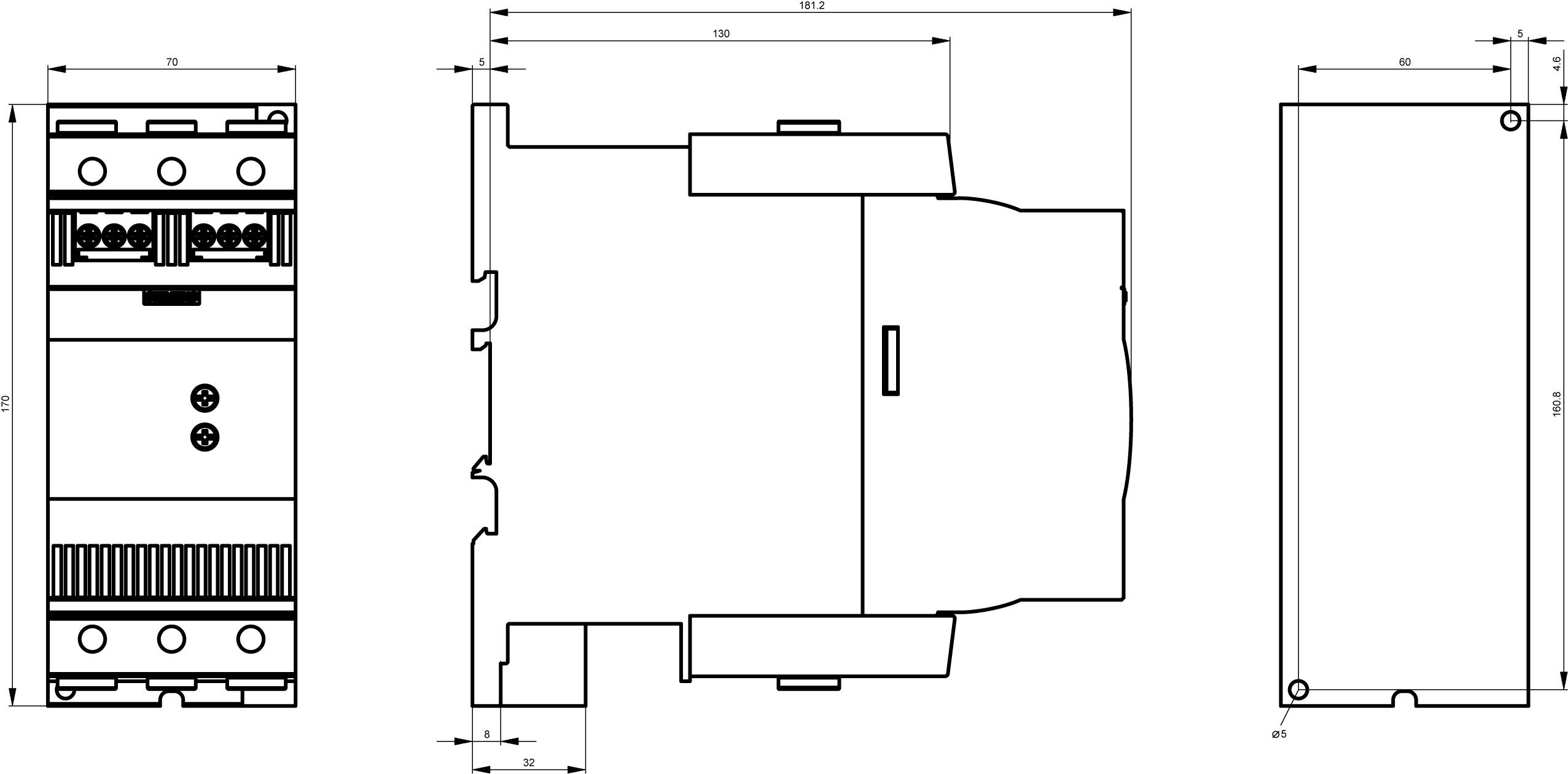 Dessin technique d'un composant électrique avec des dimensions en millimètres. Présente une vue de face, une vue de côté et une vue arrière.