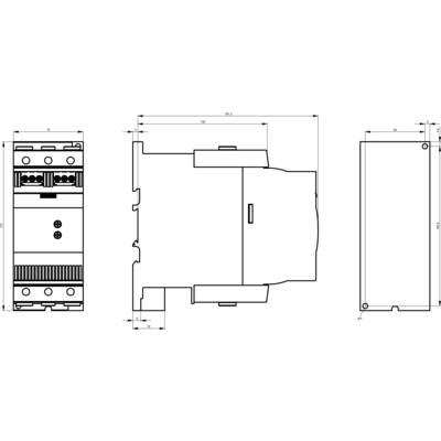 Dessin technique d'un composant électrique avec des dimensions en millimètres. Présente une vue de face, une vue de côté et une vue arrière.