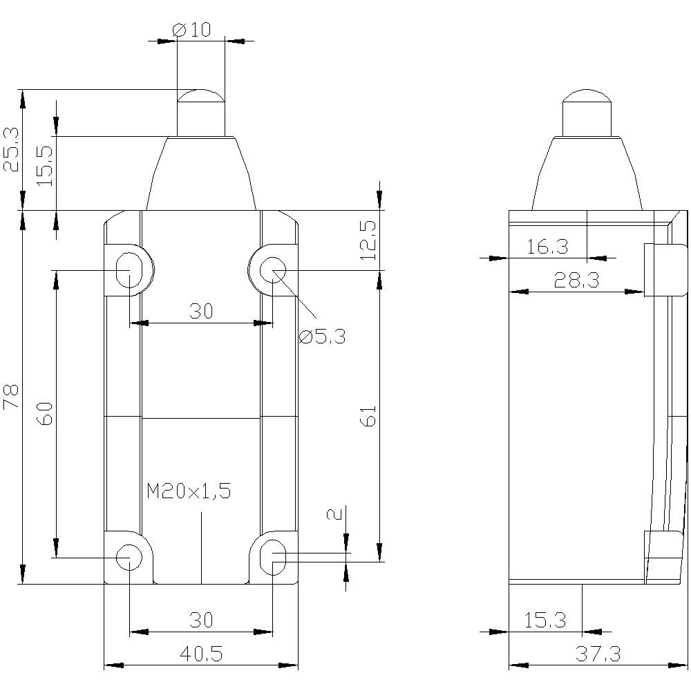 Dessin technique d'un composant rectangulaire avec des dimensions et des spécifications de filetage détaillées. Dimensions : 78 x 40,5 mm, M20x1,5.