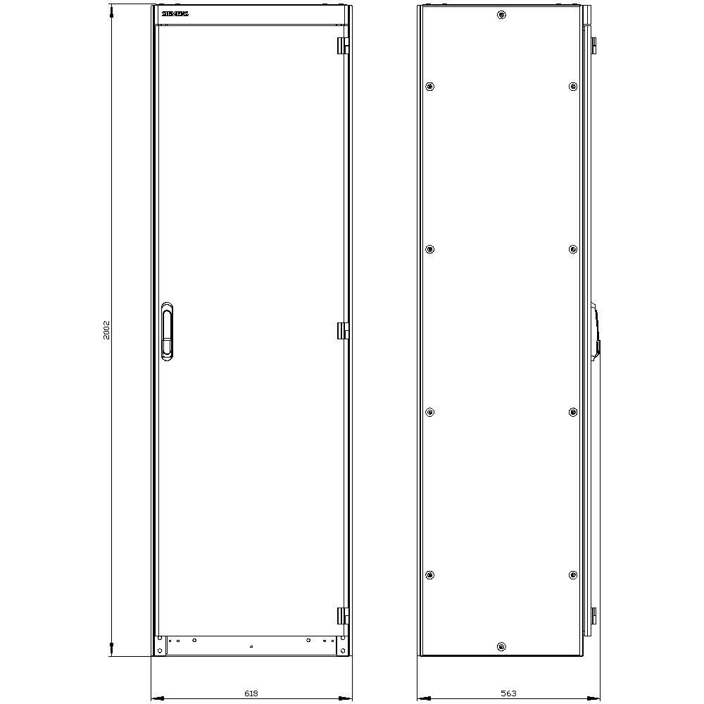 Deux dessins techniques d'un armoire électrique, vue de face et vue latérale. Dimensions : hauteur 2062 mm, largeur 638 mm, profondeur 363 mm.