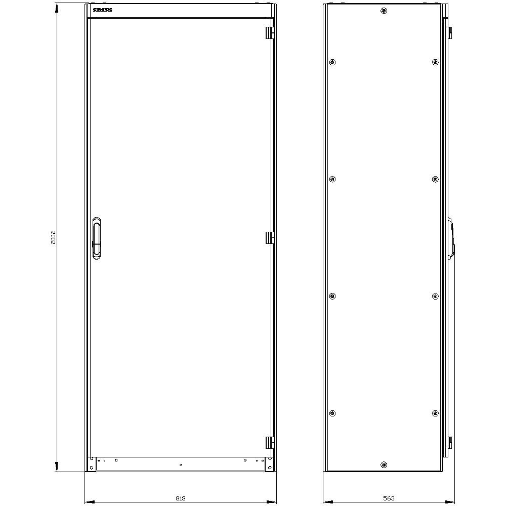 Dimensions de l'armoire : 2000 mm de hauteur, 838 mm de largeur, 563 mm de profondeur. Vue de face et de côté, avec poignée et charnières.