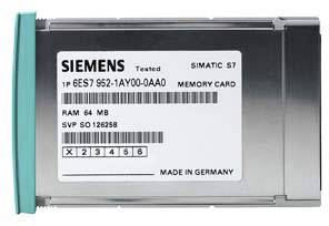 Carte mémoire Siemens Simatic S7, 64 Mo de RAM, boîtier gris avec une étiquette indiquant le numéro de modèle et le pays d'origine 'Made in Germany'.