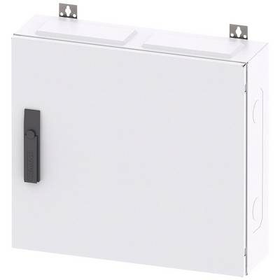 Boîtier de distribution électrique blanc avec poignée noire et deux supports de montage placés en haut, fermé.