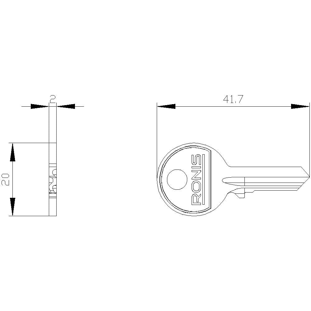 Dessin technique d'une clé avec dimensions : Longueur 41,7 mm, Largeur 20 mm, Épaisseur 2 mm. Logo 'RONIS' sur la tête de la clé.