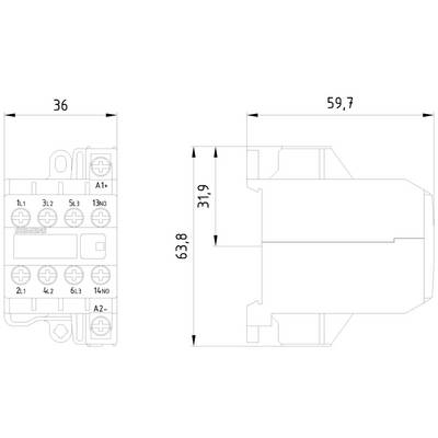 Dessin technique d'un relais électrique avec dimensions : gauche 36 mm, droite 59,7 mm, hauteur 63,8 mm. Présente les points de connexion et les étiquettes.