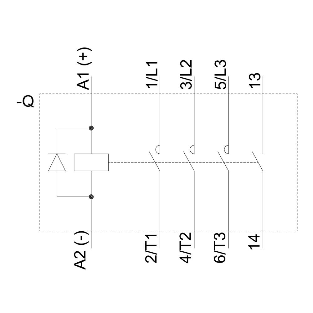 'Schéma de contacteur avec bornes A1, A2, 1/L1, 3/L2, 5/L3, 2/T1, 4/T2, 6/T3, 13 et 14. Représentation de circuits avec interrupteurs et diodes.'