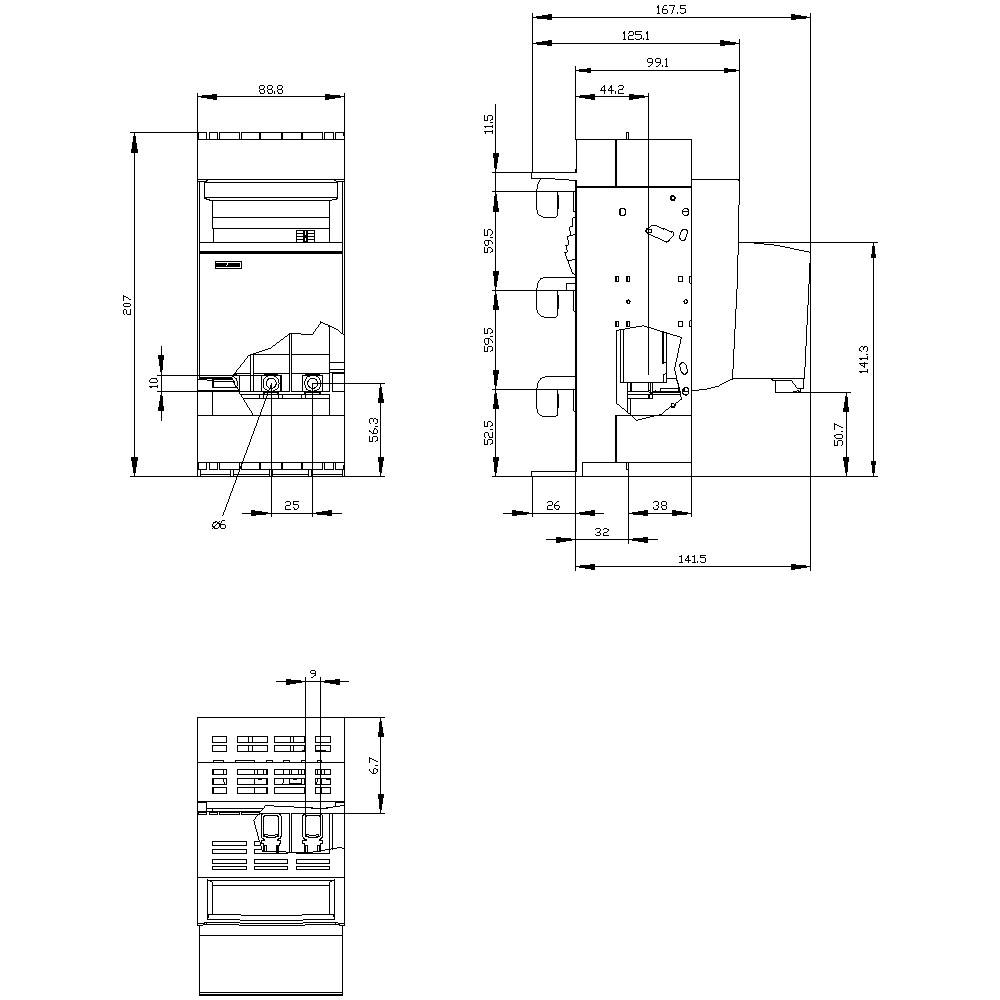 Dessin technique d'une machine avec vue de face et vue latérale. Dimensions indiquées en millimètres. Détails des composants et des espacements.
