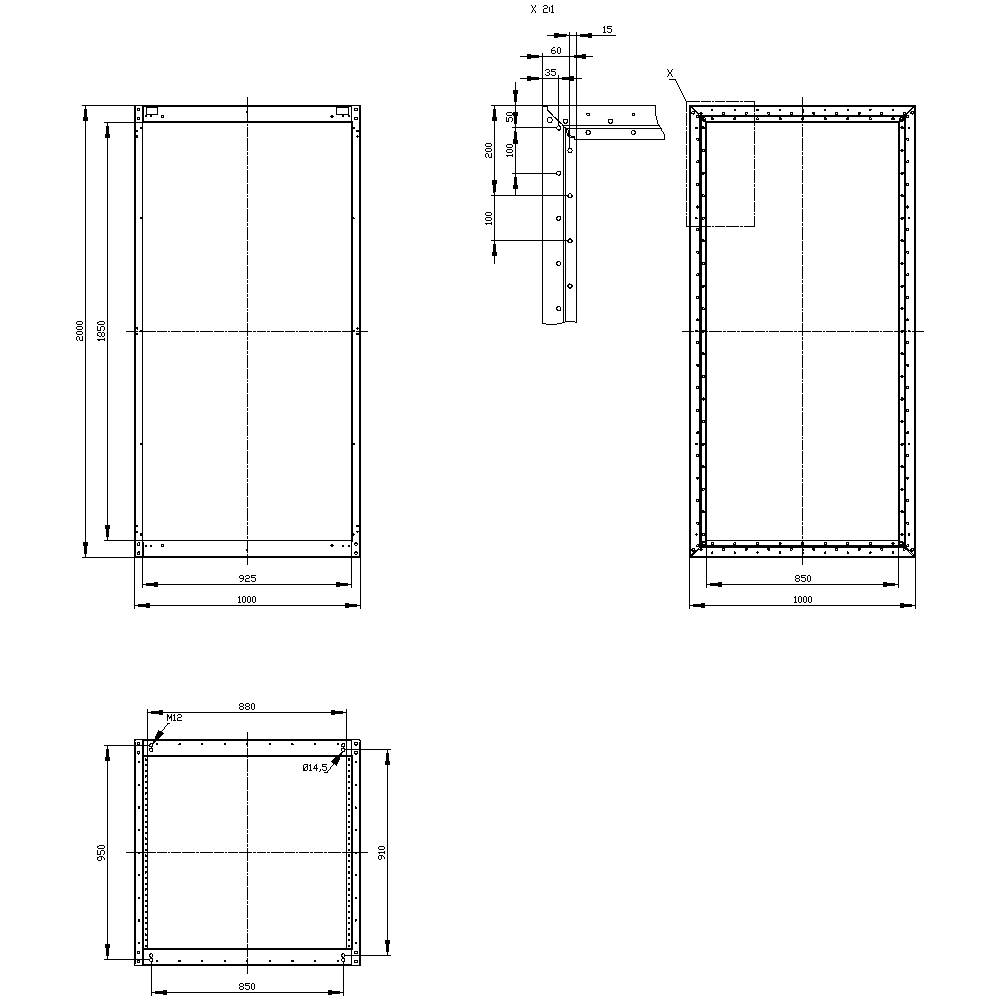 Dessin technique avec cotes d'un cadre métallique rectangulaire, représenté sous différentes vues ; dimensions principales : 1850 mm, 1050 mm.