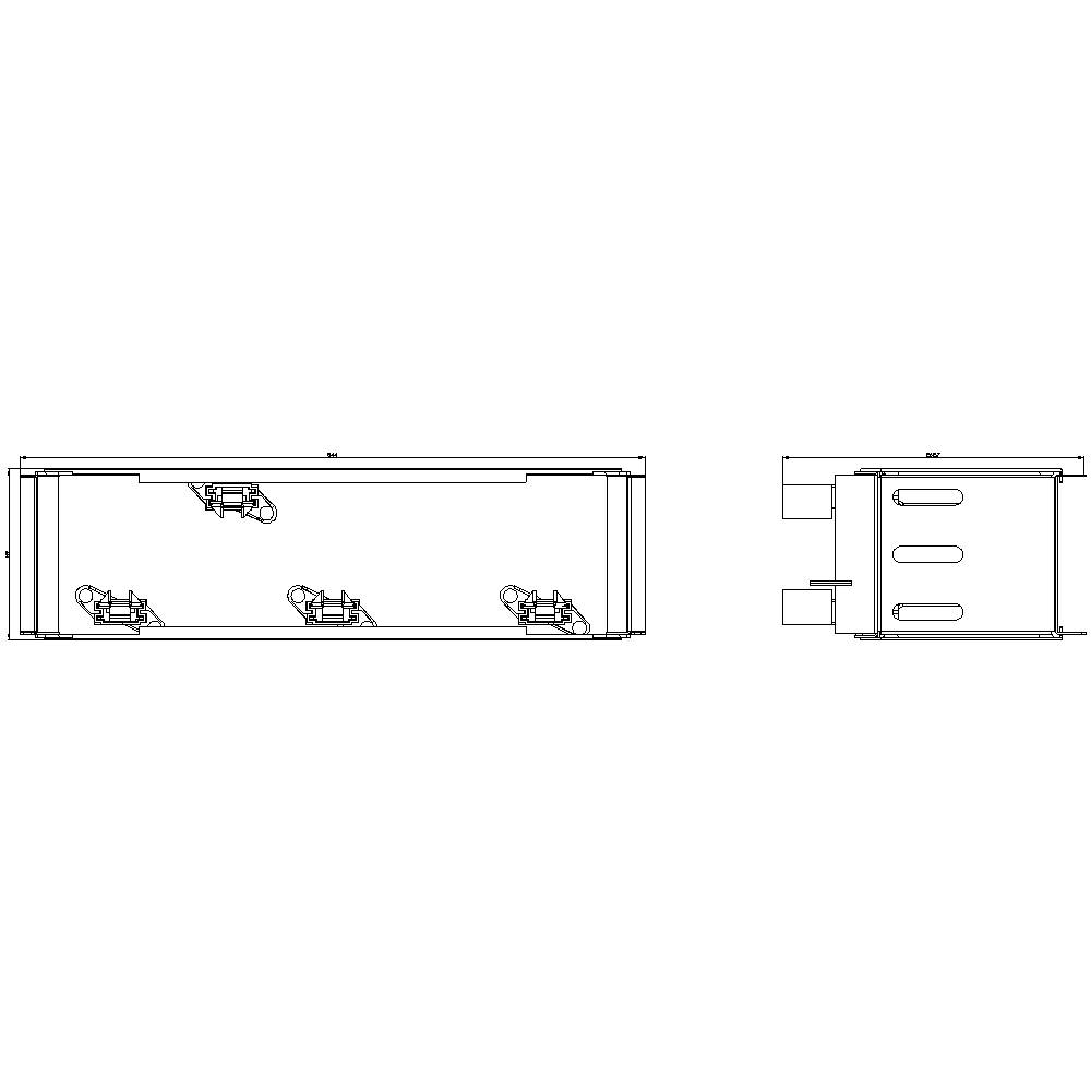 Dessin technique d'un dispositif rectangulaire avec des éléments de ventilation. Vue de dessus en haut, vue latérale à droite.