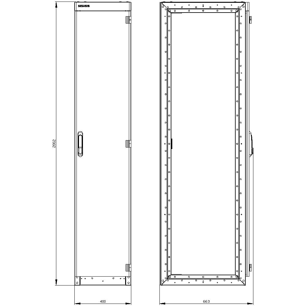 Dessin d'un armoire électrique étroite avec vue de face et de côté. Dimensions : hauteur 2000 mm, largeur 600 mm.