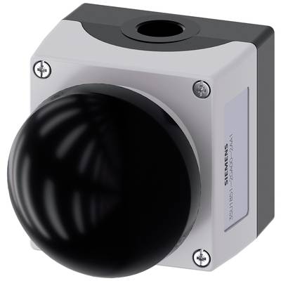 Un bouton-poussoir noir et rond dans un boîtier gris avec des vis apparentes. Produit par Siemens pour des applications industrielles.