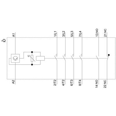 Schéma de câblage d'un relais : montre la disposition des bornes telles que A1, A2 et les bornes 1L1 à 22NC. Détails sur les positions des interrupteurs inclus.