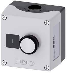 Bouton-poussoir gris carré de Siemens, avec un bouton noir au centre et des vis de fixation aux angles, sur fond blanc.