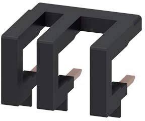 Pièce en plastique noir, rectangulaire, avec deux fentes parallèles et de petits contacts en cuivre.