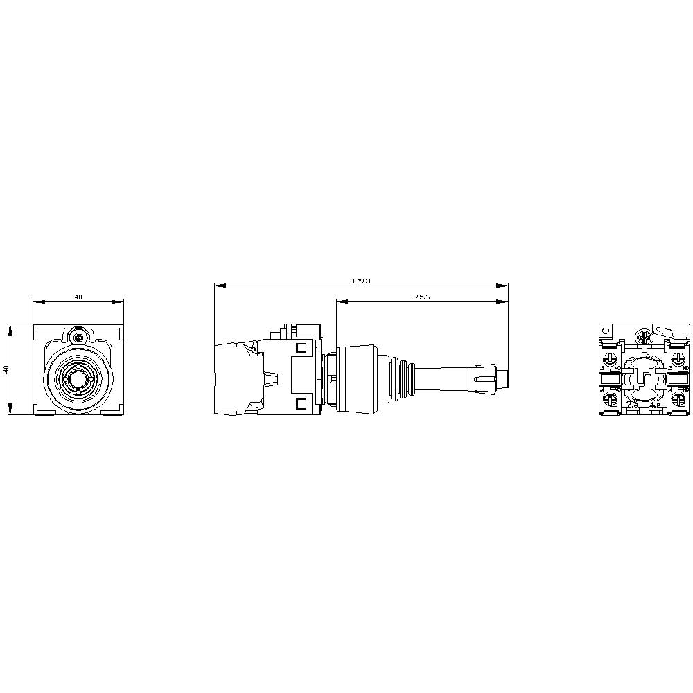 Dessin technique d'un interrupteur électrique. Présente les vues de face, de côté et de dessus avec les dimensions en millimètres.