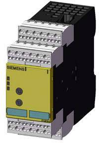 Un relais de sécurité Siemens dans un boîtier noir et jaune, avec plusieurs bornes de connexion en haut et en bas, destiné au contrôle de fonctions de sécurité électriques.