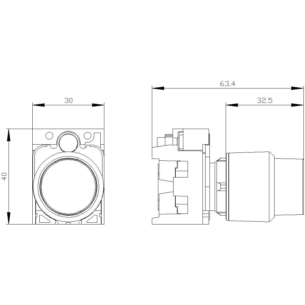 Dessin technique d'un composant mécanique avec dimensions : 40x30 mm à l'avant, profondeur de 63,4 mm. Présente une coupe longitudinale et transversale.