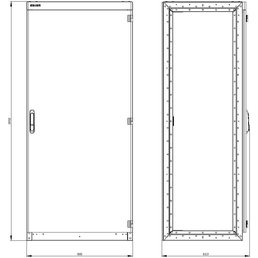 Porte industrielle en dessin technique, représentée de face et de profil, avec dimensions : largeur 800 mm, hauteur 2000 mm.