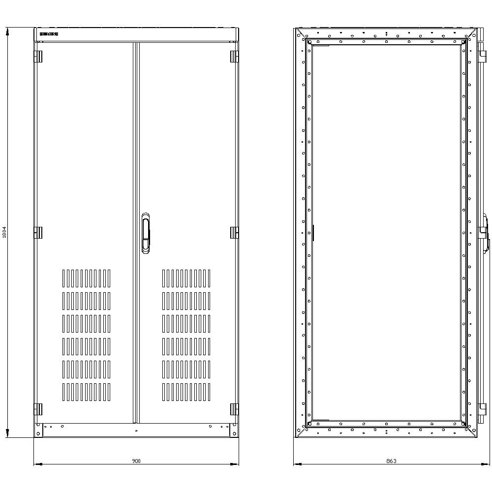 Vue en coupe d'une armoire métallique à double porte. Dimensions : 1800 mm de hauteur, 900 mm de largeur. Fentes de ventilation en bas des portes.