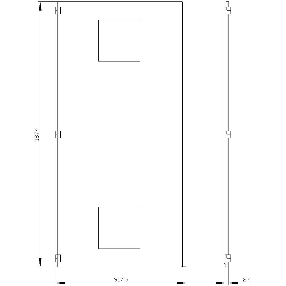 'Porte avec fenêtres vitrées' présente la vue de face et latérale d'une porte avec deux fenêtres en verre. Dimensions : 1874 x 917,5 x 27 mm.