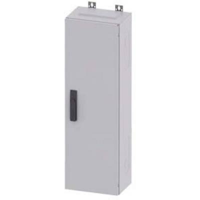 Armoire métallique grise, rectangulaire, avec une poignée noire et deux pattes de fixation en haut.