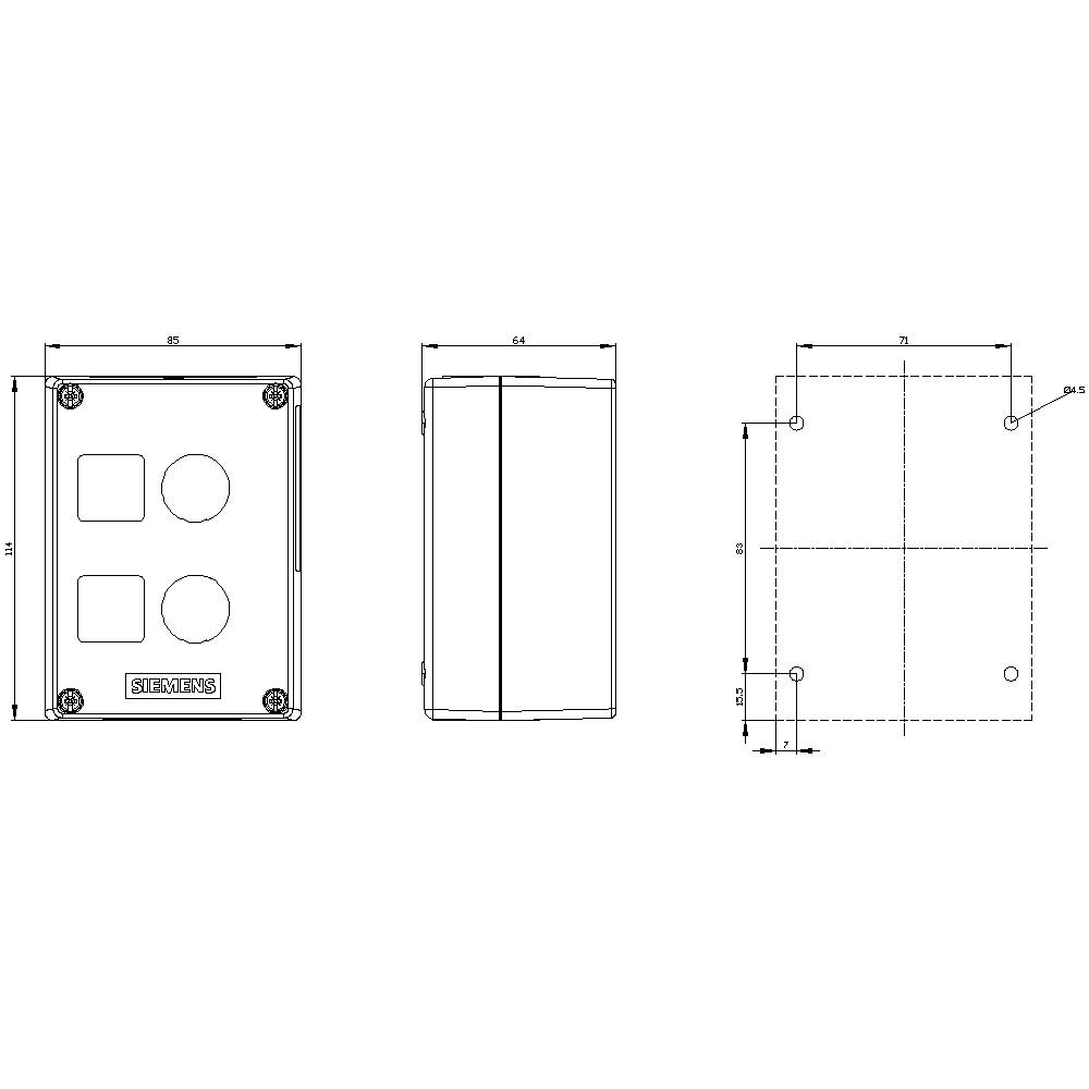 Dessin technique d'un dispositif rectangulaire avec trois ouvertures et des fixations à vis dans les coins. Dimensions : H : 114 mm, L : 64 mm, P : 21 mm.