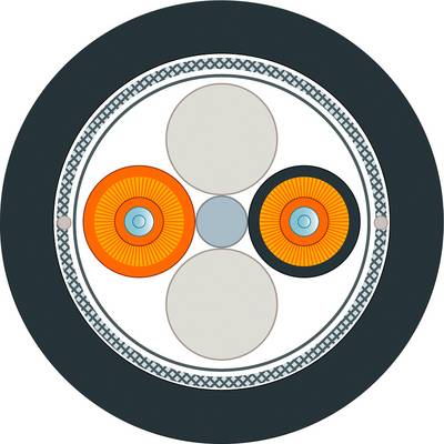 Coupe transversale d'un câble avec des conducteurs isolés en orange et gris, entourés d'une couche de protection noire et d'un maillage.