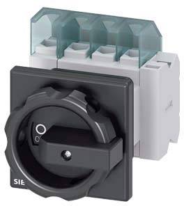 Commutateur rotatif en gris avec trois positions. La partie supérieure présente quatre bornes de connexion vertes. Adapté pour les applications de commutation électrique.