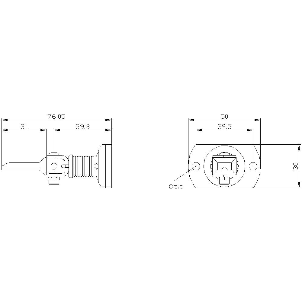 Deux dessins techniques d'un mécanisme de verrouillage avec dimensions en millimètres : à gauche 76,05 x 31 x 39,8 ; à droite 50 x 30 x 39,5.