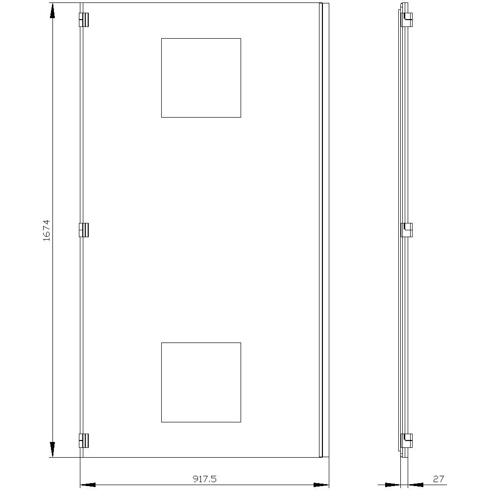 Un dessin technique d'une porte rectangulaire mesurant 1574 mm de hauteur, 917,5 mm de largeur et 27 mm d'épaisseur. Comprend deux évidements rectangulaires.